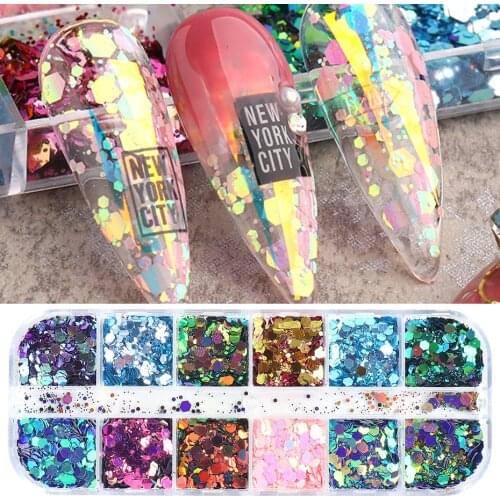 1Box Mirror Holographic Glitter Nail Art Sequin Paillette Hexagon Round Mermaid Spangle Sequins Decoration For Manicure JI1904-1