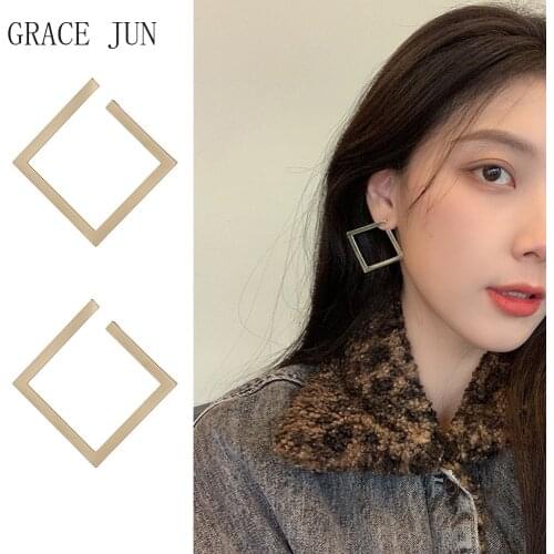 GRACE JUN Korea Style Gold Color Square Shape Clip on Earrings No Pierced for Women Girl Hot Sale Ear Cuff Earring Fake Piercing