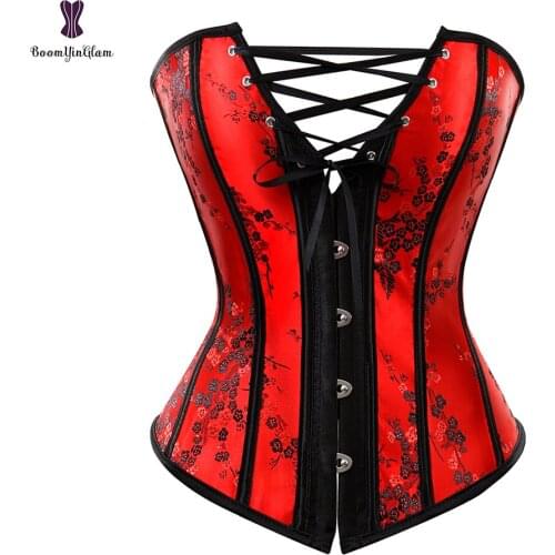 Elegant Overbust Corset Red Floral Plum Lace up Waist Trainer Bustier Top 839