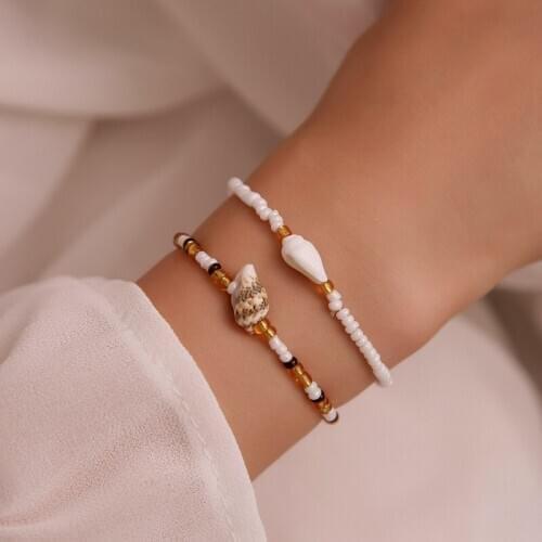 European and American Hand-woven String Millet Beads Hand Jewelry Shell Conch Color Summer Beach Two-piece Set Bracelet Women
