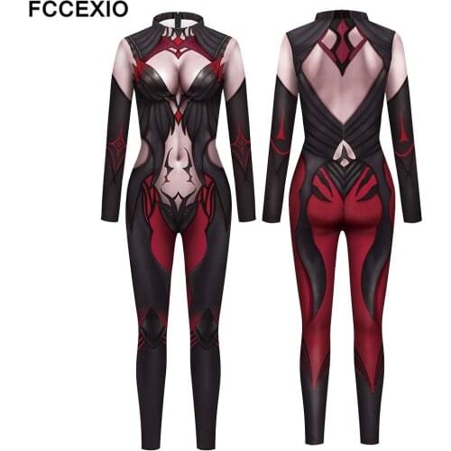 FCCEXIO Anime COSPLAY 3D Print Sexy Bodysuits Women Plus Size Long Sleeve Cosplay New Jumpsuit Skinny Party Game Jumpsuits