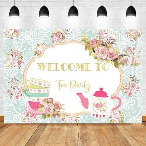 Welcome to Tea Party Backdrop Pink Rose Flowers Kettle Cup Photo Background Dessert Table Decorate Props Photography Backdrops