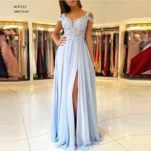 China Light Sky Blue Evening Dresses Sweetheart Sleeveless Floor Length Sexy Lace Chiffon Evening Dresses Party Prom Gown