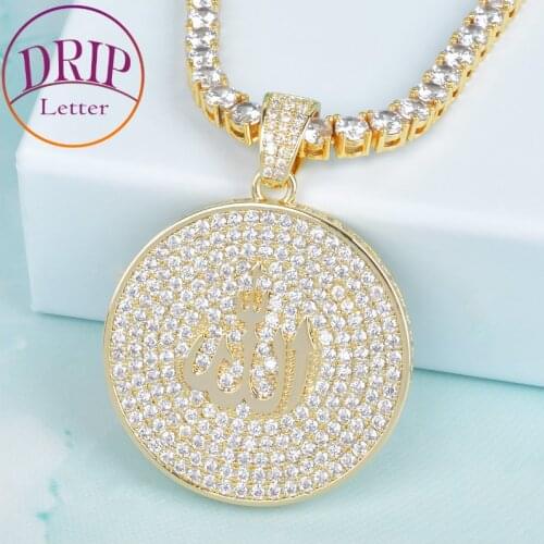 Iced Allah Round Pendant Gold Color Cubic Zircon Necklace For Men Hip Hop Jewelry