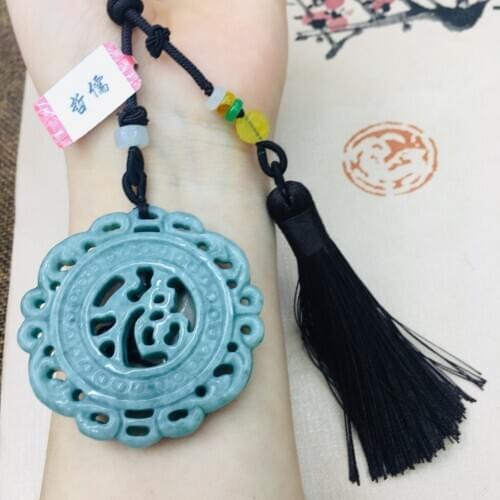 Natural Burmese Emerald jade carving oil green stencil pendant character with hand-woven tassel necklace sweater chain