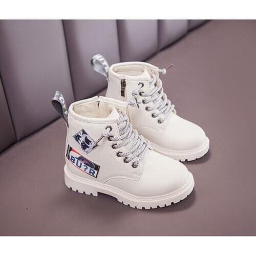 New Childrens Boots Plush Retro PU Leather Boy Snow Boot Girl Motorcycle Rubber Boots Waterproof Kids Botas Shoes