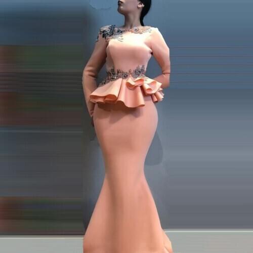 Attractive Evening Dresses Mermaid With Ruffles Appliques Round Neck Long Sleeves Open Back Formal Night Pageant Event 2020