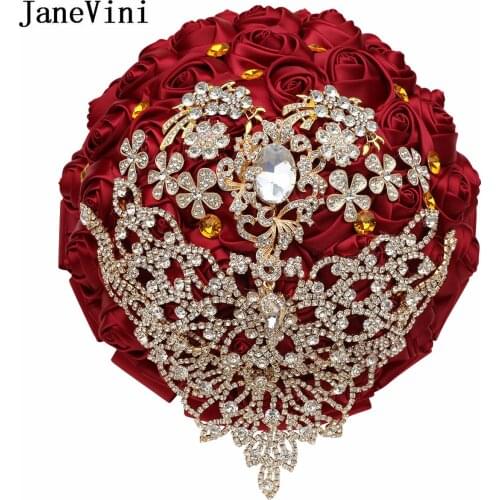 JaneVini Luxury Rhinestone Jewelry Burgundy Flowers Bridal Bouquets Artificial Satin Roses Wedding Brooch Bouquet Accessories
