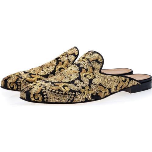 Luxury Handmade Golden Embroidery Mules Black Canvas Slippers Men Slip On Flat Loafers Male Shoes Casual Chaussure Homme 2019
