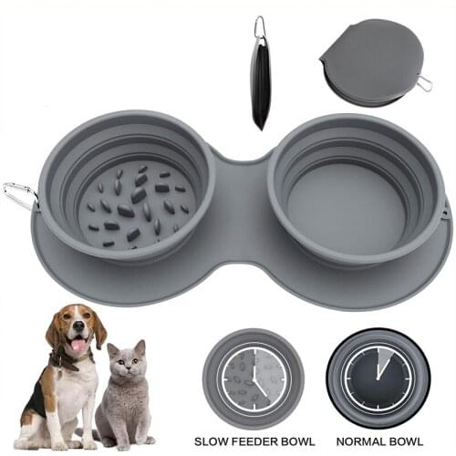 Silicone Foldable Slow Feeder Dog Bowl Outdoor Pet Food Container Portable Double Food Drinking Bowl for Small Large Dogs Stuff