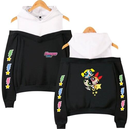 Harajuku Off Shouder Sweatshirt Pullovers Kawaii Powerpuff Girls Hoodies Women Long Sleeve Streetwear Hooded Tops Hoody Girls
