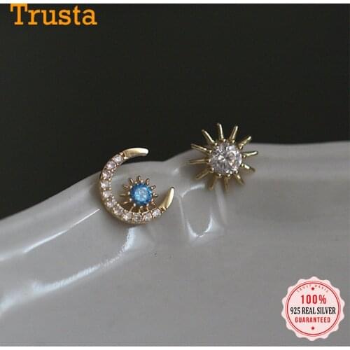 TrustDavis Real 925 Sterling Silver Sweet Asymmetry Twinkling CZ Moon Star Stud Earring For Women Party Fine Jewelry Gift DA2141