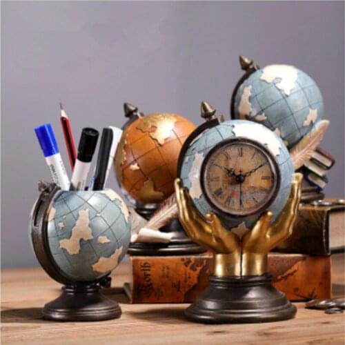 Vintage Globe Resin Pen Holder Desk Organizer Makeup Brush Storage Holder Display Desktop Ornament Office School Stationery Gift