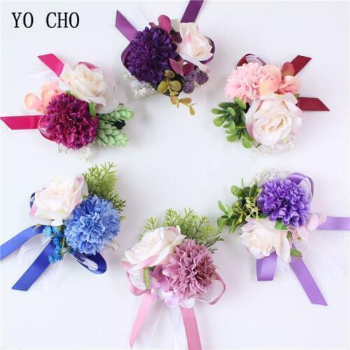 YO CHO Silk Rose Man Suit Boutonniere Brooch Bride Wrist Corsage Bracelet Wedding Flower Groom Prom Party Decor Photography Prop