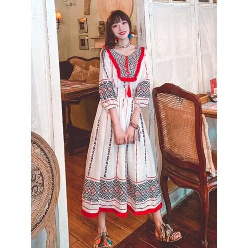 Skirt Female Embroidery National Style White Holiday Indian Dress Desert Skirt Dress Beach Skirt Fairy Kurta Pakistan Free