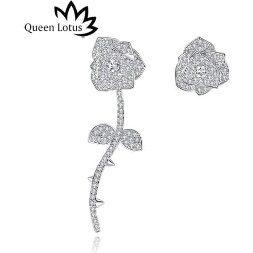 Queen Lotus Jewelry Stud Earrings for Women Asymmetric Rose Flower Earrings Romantic Crystal Earrings Ornamentation Female Gift