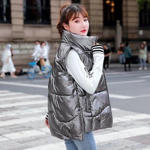 Womens Shiny Puffer Vest Cotton Padded Plus Size Womens Winter Sleeveless Jacket with Zipper Stand Collar Coats Ladies