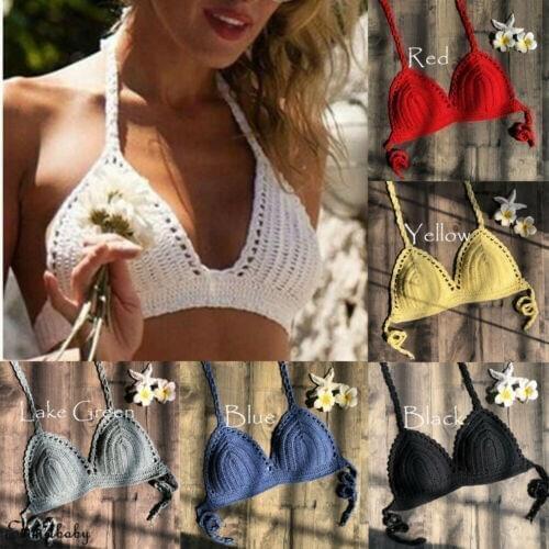 2019 Handmade Crochet Women Bikini Top Boho Beach Bralette Solid Halter Knitted Swimsuit Brazilian Bikinis Bathing Suit Top