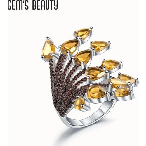 GEMS BEAUTY 925 Sterling Silver Adjustable Open Rings For Women Hand Bone Coral Natural Pear Cut Citrine Handmade Jewelry Rings