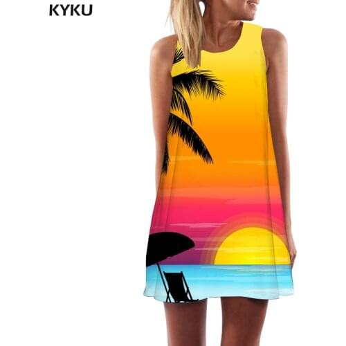 KYKU Hawaii Dress Women Coconut Tree Boho Moon Sexy Sunset Glow 3d Print Womens Clothing Summer Sleeveless Tunic Wrap Fashion