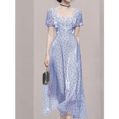 Fashion Designer Summer Midi Dress Womens Square Collar Puff Sleeve Polka Dot Print Vintage Party Dress