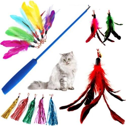 1Pc Cute Cat Toy Cat Feather Toys Kitten Interactive Teaser Bell Feather Stretch Fishing Rod Play Wand Pets Replacement Heads