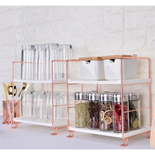 2-Tier Multifunctional Shelves Spice Jar Organizer for Kitchen Rose Gold Bathroom Shelf Space-Saving Tableware Cup Storage Rack