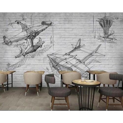 Beibehang Custom Cafe Background Wall 3d Wallpaper Personality Retro nostalgia Hand Painted Airplane Brick wall 3d wallpaper