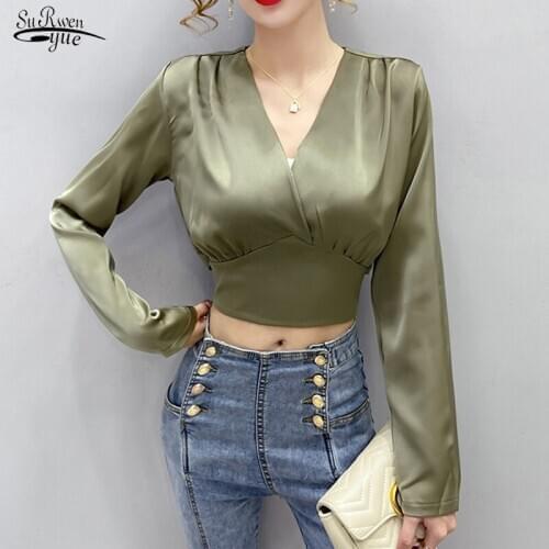 2020 Autumn New Sexy V-neck Slim Bottoming Shirts White Korean Fashionable Long Sleeve Satin Blouse Women Chemisier Femme 12265