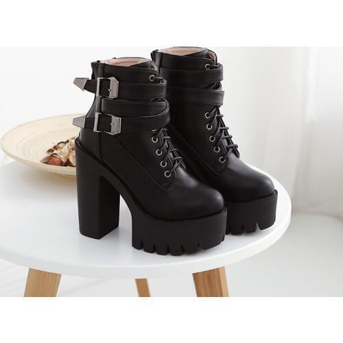Spring Autumn Fashion Women Boots High Heels Platform Buckle Lace Up Leather Short Booties Black Ladies Shoes Promotion rrt