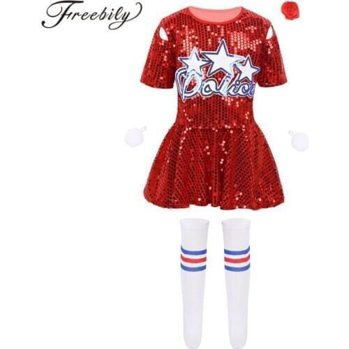 Kids Girls Cheerleading Uniforms Outfit Sequins Short Sleeves Crop Top Skirt Shorts Flower Hair Clip Pom Pom Finger Rings Socks