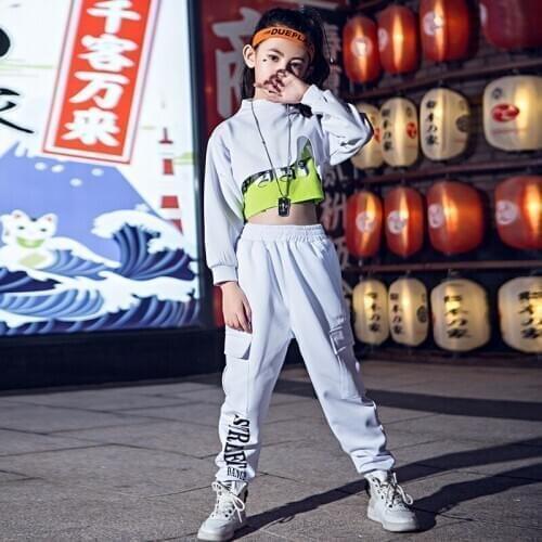 Childrens Jazz Dance Costume Girls Korean Version Loose White Suit Performance Clothes Spring Autumn Hip-Hop Suit Tide DWY3134