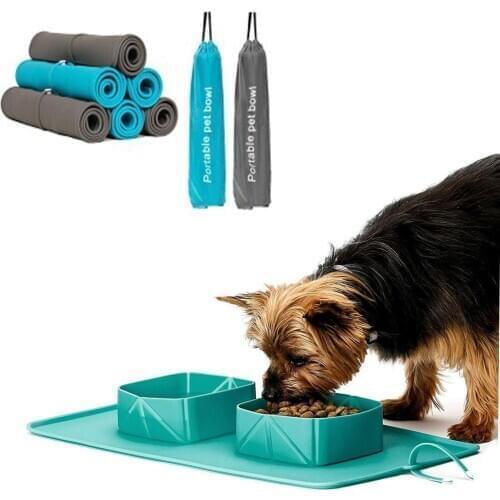 Double Pet Dog Cat Bowl Foldable Silicone Portable Outdoor Travel Puppy Doogie Food Container Feeding Bowls Feeder Dish