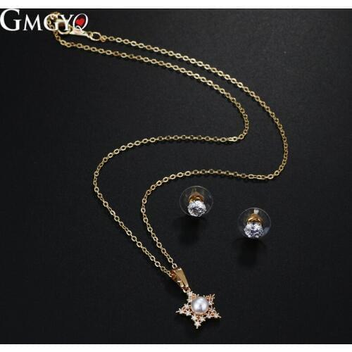 GMGYQ Korean Version Fashion Simple Pentagon Pendant Pearl Necklace 6 mm Round Ear Studs Two Sets Of Small Jewelry