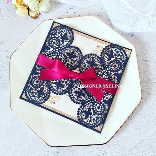 50 Pieces/Lot) Blue Lace Bowknot Wedding Card Laser Floral Personalized Print Marriage Quinceanera Invitations
