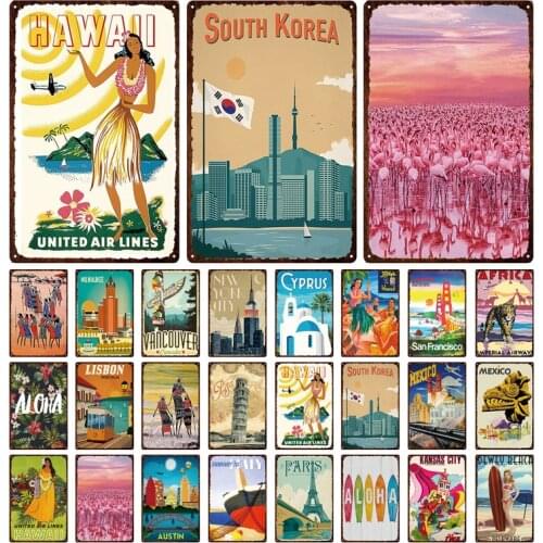 Hot Sale Pink Flamingos Seaside Surfing Resort Retro Abstract Lisbon South Korea Metal Tin Sign Special Gift Wall Decoration