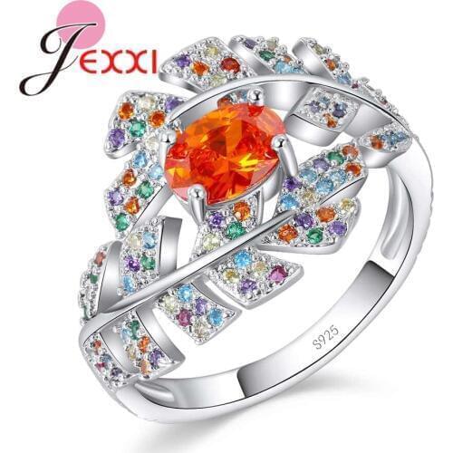 Charm CZ Rainbow Leaf Ring with Big Oval Orange Crystal Fine 925 Sterling Silver Zircon Jewelry Women Girls Gift