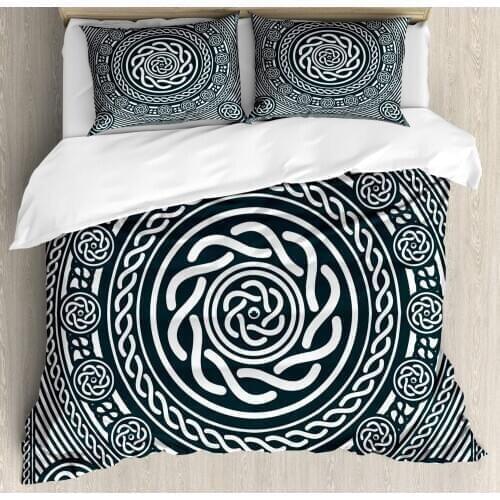 Celtic Duvet Cover Set Illustration of Abstract Monochrome Mandala Background 3 Piece Bedding Set Dark Blue Grey and White