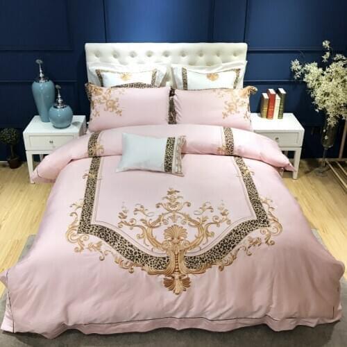 100S Egyptian Cotton Embroidery Luxury Royal Bedding Set 4pcs King Queen Wedding Bed Sheet set Duvet cover Pillowcase 6pcs Pink
