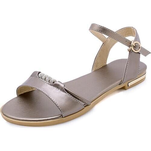 Lsewilly 2020 Women Sandals Flat Heel Champagne Cow Leather+PU Round Open-toed Buckle Leisure Soft-soled Shoes Summer Size 34-43