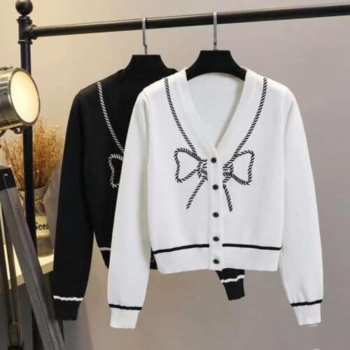 LJSXLS Bow Embroidery Kawaii Sweater 2020 Knitted Sweaters Women Autumn Winter Casual Outwear V Neck Long Sleeve Cardigan Mujer