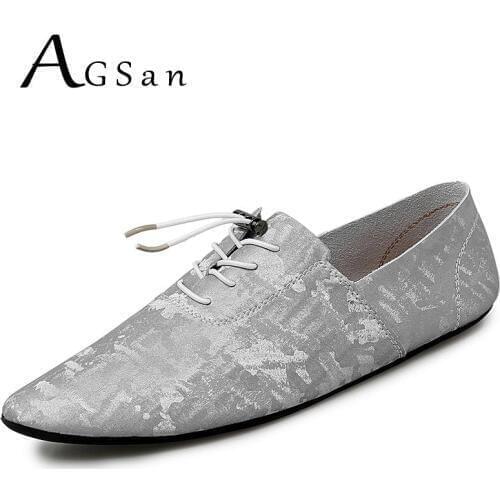 AGSan Genuine Leather Casual Shoes Men Silver Driving Mocassins Comfortable Flats Pointed Toe Leather Shoes Leisure Footwear Men