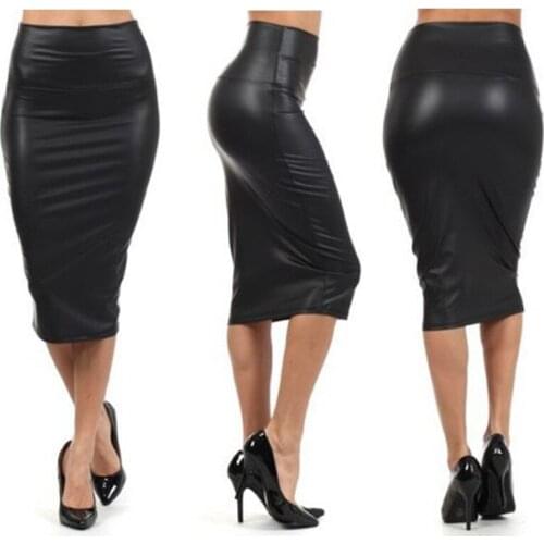 NDUCJSI Bodycon Sexy Skirt PU Leather Open Slit Solid High Waist Slim Hip Black Clubwear Women Pencil Black