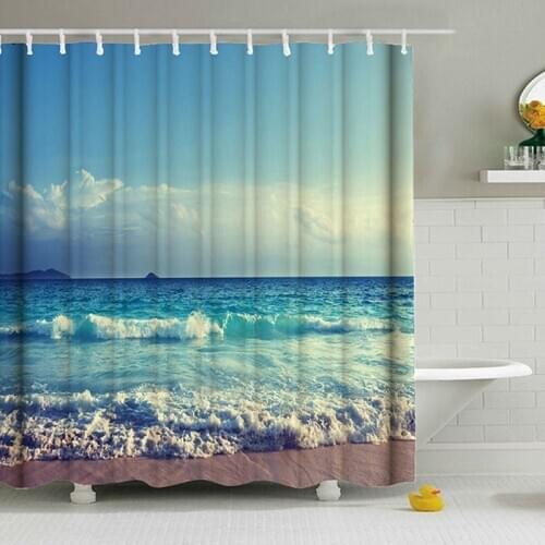 New Style Shower Curtain Sunset Scenic Blue Sky Seaside Landscape Sand Decor Curtain Waterproof Bathroom 12 Pack Plastic Shower