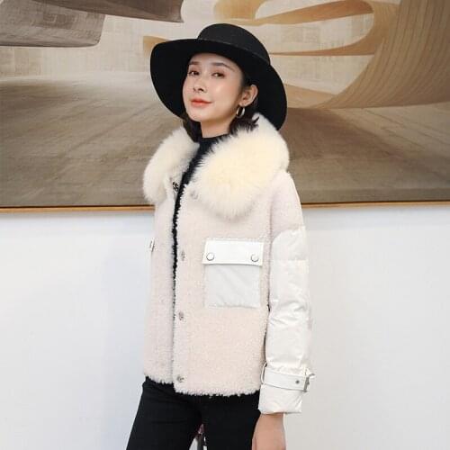 Fur Real Coat Female Fox Fur Collar Sheep Shearing Duck Down Jacket Women Winter Pink Coat Korean Vintage Wool Tops 20442