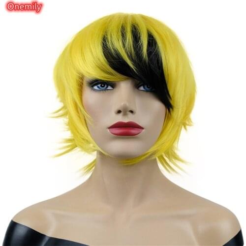 Onemily Cosplay Wig Short Straight Layered Bob Anime Halloween Costume Party Heat Resistant Synthetic Natural Hair Wigs