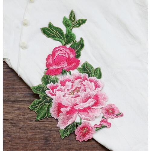 Pairs Large Size 4 Colors Peony Flower Embroidery Patches DIY Cheongsam Patch Sew On Floral Clothes Patch