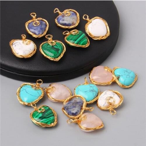 2pcs 16x20MM Loose Fashion Metal Wire Natural Stone Heart Pendants Charm For DIY Women Jewelry Making Necklace Earring Wholesale