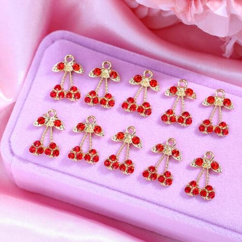 Hot Sale Colorful Crystal Gold Color Alloy Cherry Charms Rhinestone Cherries Charm For DIY Fruit Earrings Jewelry Accessories