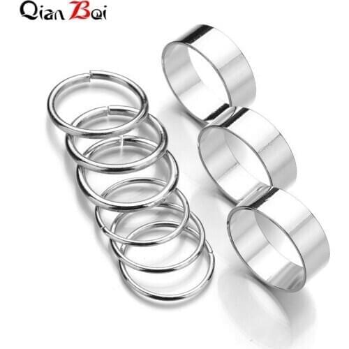 QianBei 2020 New Smooth Texture Stainless Steel 9 Pcs Ring Set Texture Metal Ring Joint Charming Jewelry